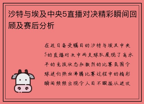 沙特与埃及中央5直播对决精彩瞬间回顾及赛后分析